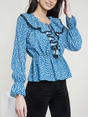 Blouse à jabot imprimé à pois - turquoise