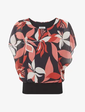 Blouse imprimé fleuri à manches volantées - Noir
