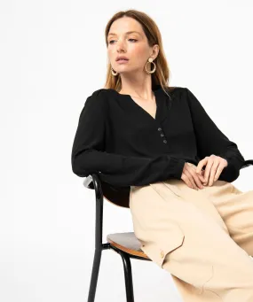 Blouse unie avec col V boutonné femme noir