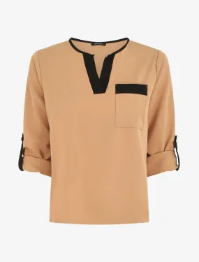 Blouse unie fluide à manches retroussables - Camel