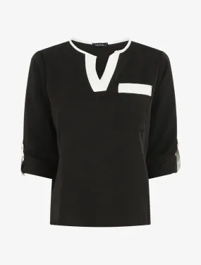 Blouse unie fluide à manches retroussables - Noir