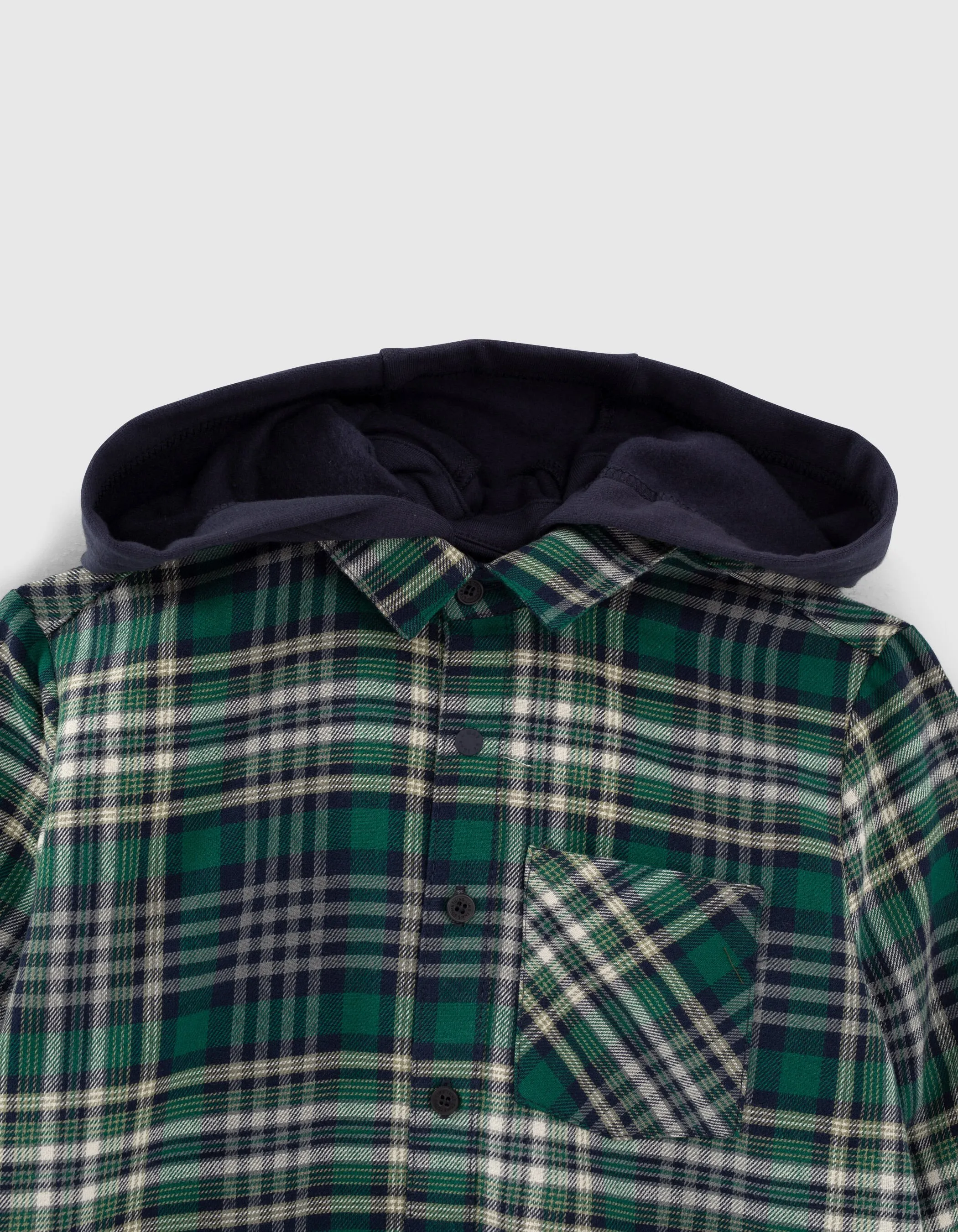 Chemise vert anglais et navy à carreaux et capuche garçon 