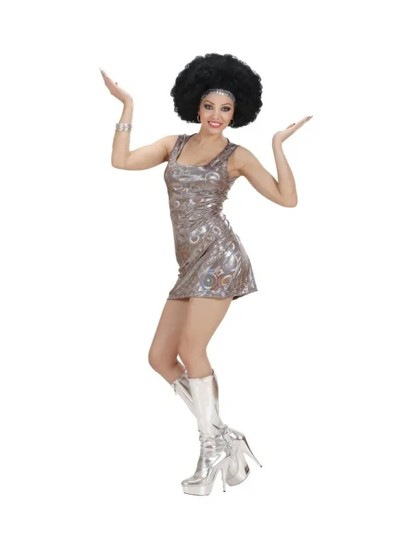 Déguisement disco femme (robe holographique courte, argent)