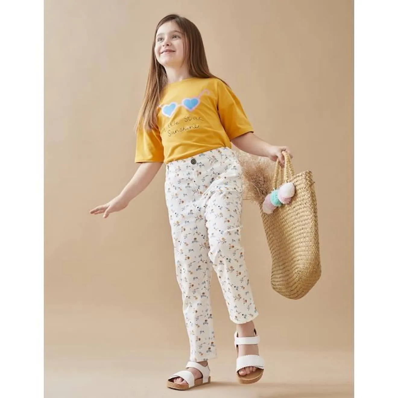 Pantalon 3/4 en twill fleuri blanc - Noukies