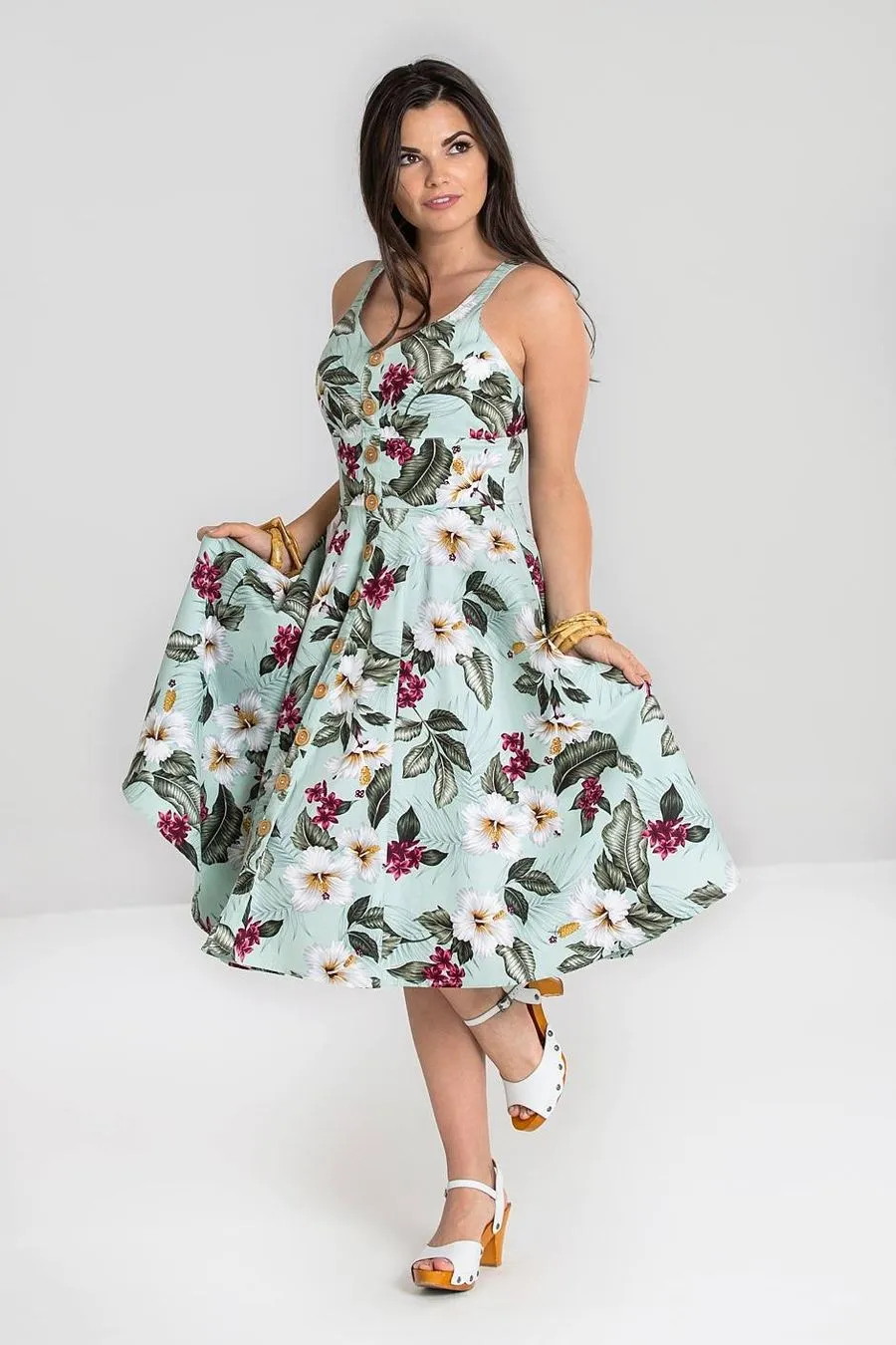 Robe de style pin-up HELL BUNNY imprimé fleuri sur fond vert